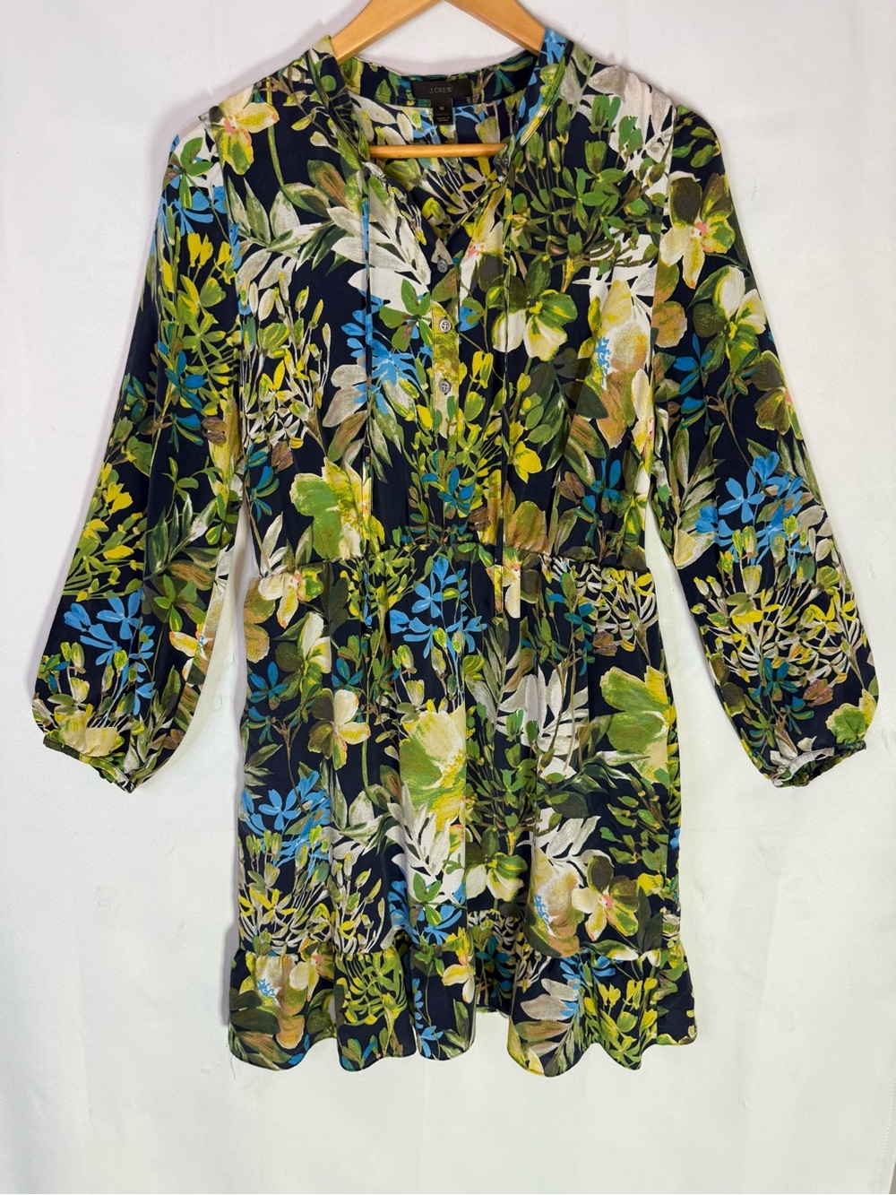J. Crew - Floral Silk with Green and Yellow Floral Watercolor Mini-Dress- Size M